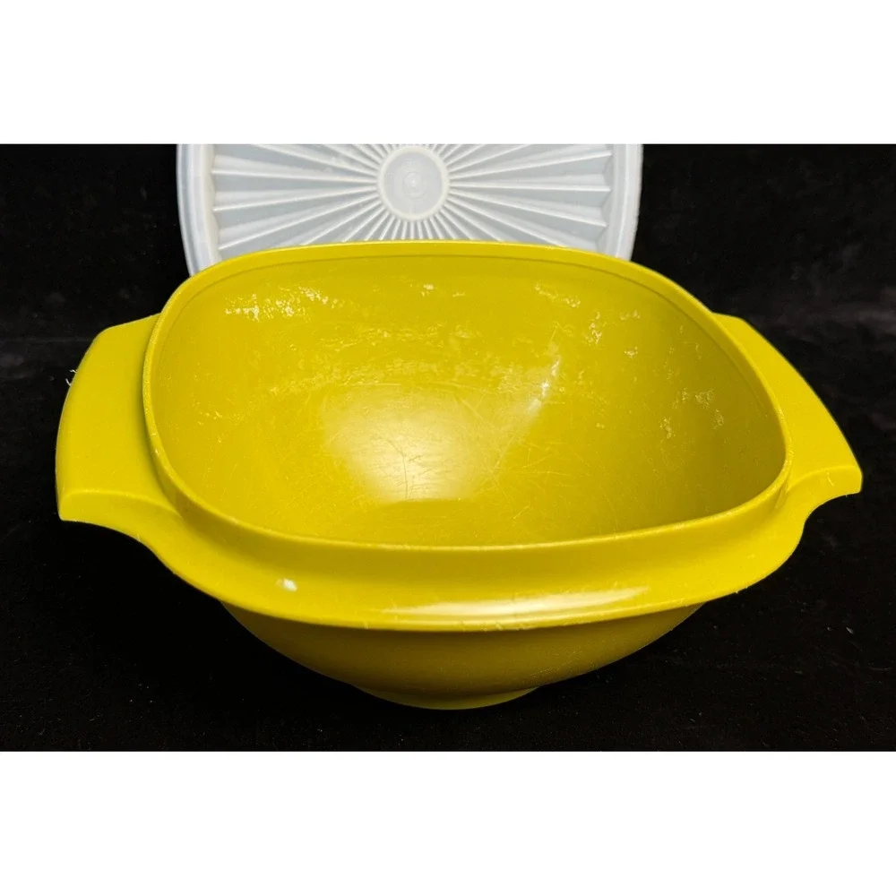 Vintage Tupperware Servalier Bowls: Yellow, Sunburst Lids, Set of 2